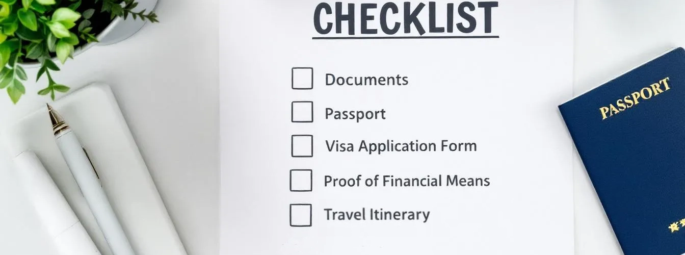 The image features a checklist-style graphic that outlines all required visa documents for travelers, complete with checkboxes to ensure they have everything needed for their trip. This visual aid simplifies the process of organizing travel plans, including essential items like flight itineraries, hotel reservations, and visa applications.